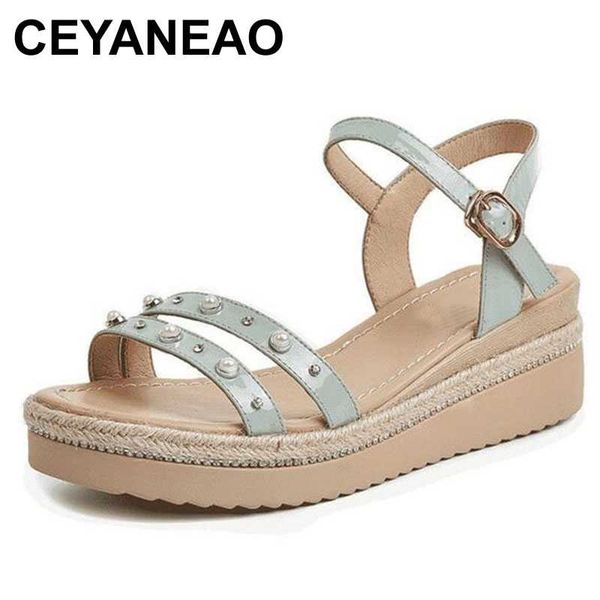

ceyaneao 2020 summer open shoes woman sandals rhinestone pearl decoration genuine leather sandals women fashion non-slip wedge, Black
