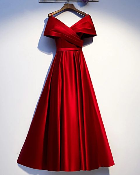 

a-line elegant formal evening dress spaghetti strap short sleeve floor length satin with ruched, Black;red