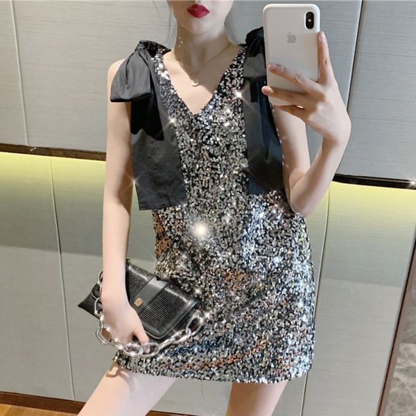 

fairy v-neck beading dress female loose lace up thin sequined dress with suspenders vestidos party a-line bodycon black, Black;gray