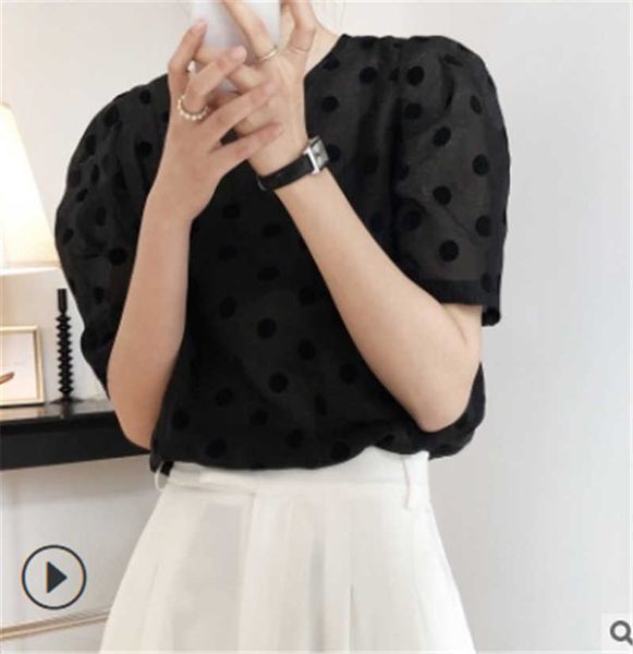 

french retro foreign short-sleeved polka dot shirt female 2020 summer sense bubble sleeve top, White