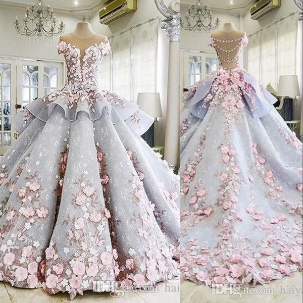 

2020 luxury plus size ball gown wedding dresses illusion neck lace 3d floral appliques cap sleeve back chapel train formal bridal gowns, White