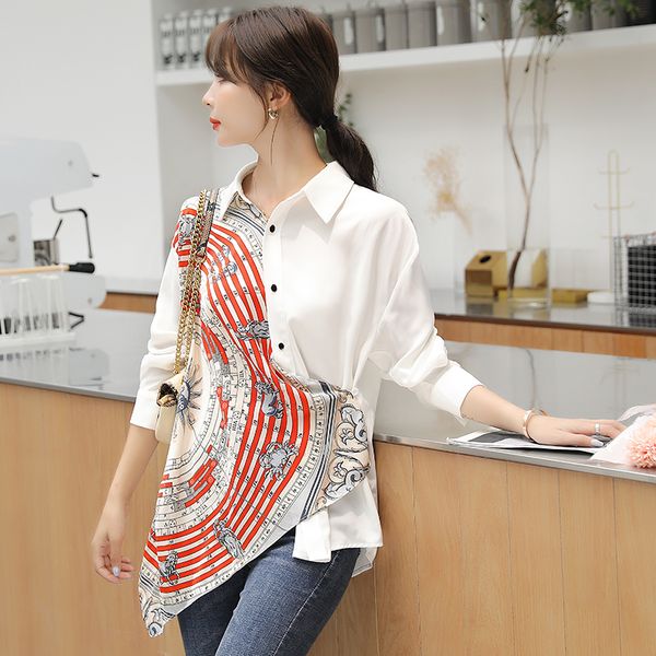

fashion printed shirt long sleeve women's 2020 autumn chiffon blouse casual ladies shirt, White