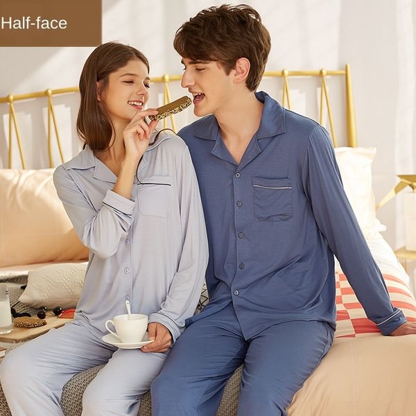 

xia xin super soft modal lapel couple long-sleeved sleeping simple men's and women's clothes home furnishing clothing home clothes, Blue;red