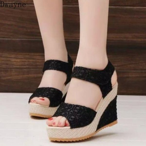 

fairy wind frosted wedge with fish mouth sandals female summer thick bottom toe shoes, Black
