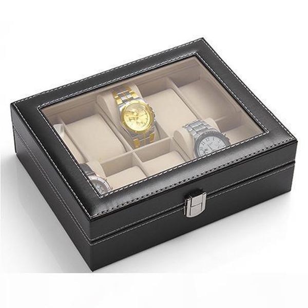 

y y wholesale -10 slots organizer case faux leather storage holder wrist watch display box, Black;blue