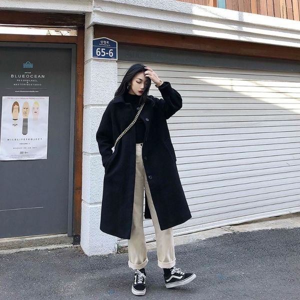 

women 2020 spring autumn new woolen single-breasted coat female solid color new korean temperament women popular outerwear l69, Black
