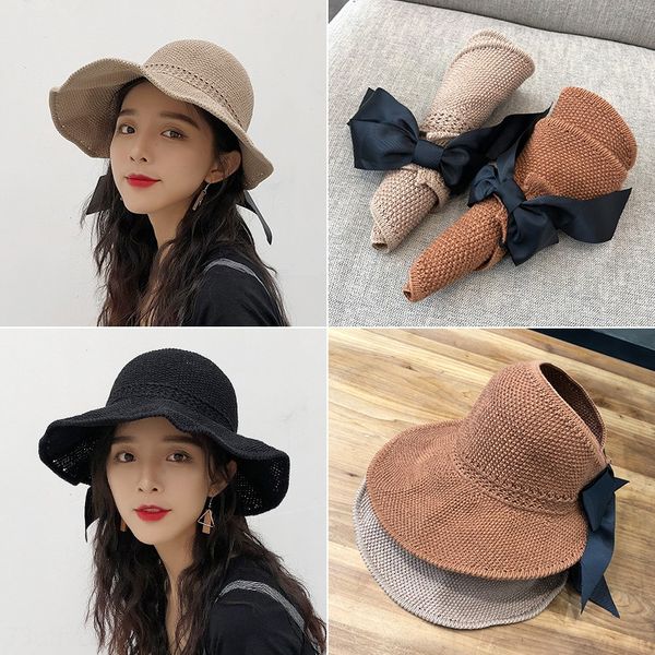 

2020 new empty butterfly straw women's summer bowknot sun uv-proof foldable sun hat straw hat, Blue;gray