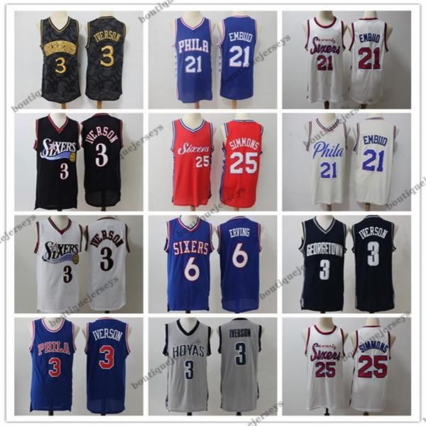 

ncaa men philadelphia 76ers 21 joel embiid 25 simmons 3 iverson swingman jersey edition city basketball jerseys sports, Black;red