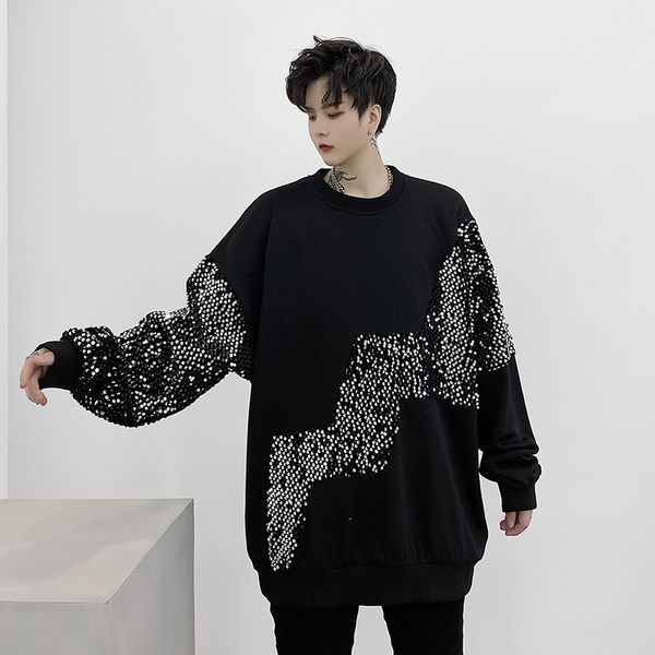 

male women streetwear fashion hip hop loose couple hoodie sweatshirt men sequins long sleeve pullover sweatshirt, Black