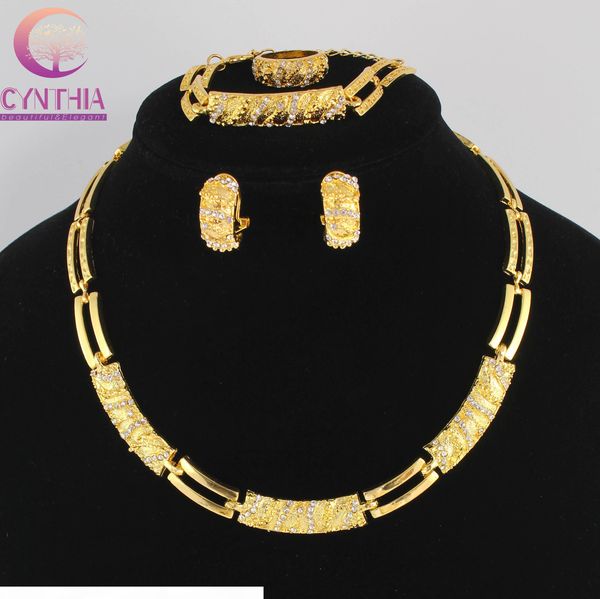 

women party gold plated african beads jewelry set crystal cross necklace bracelet earring ring wedding dress accessories costume, Black