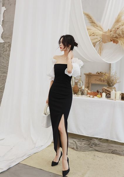 

dress the new one-shoulder lantern sleeves slim fit split black dress, White;black