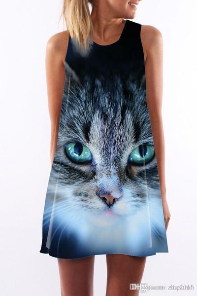 

women dress summer crew neck summer sling sleeveless hip wrap elegant lady black cat digital print skirt casual pencil dresses size s-xl, Black;gray