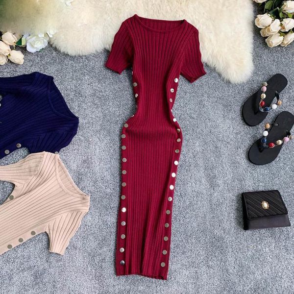 

women bodycon dress 2020 knitted o-neck short sleeves solid stretch dresses button design female vestidos, Black;gray