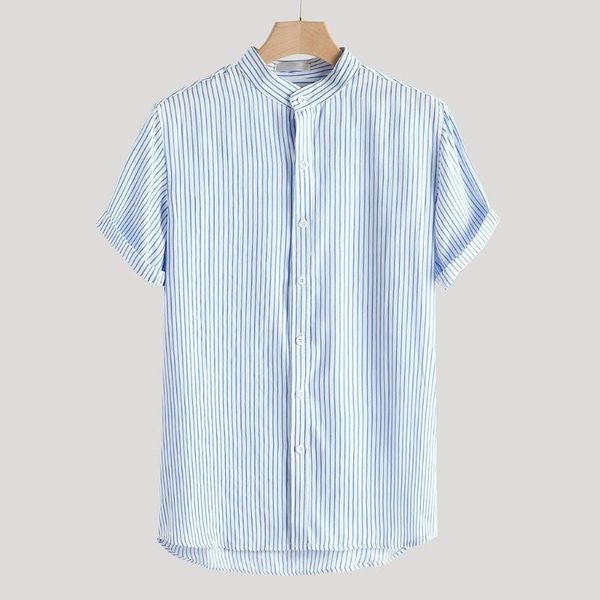

fashion men's stand collar striped shirt summer short sleeve loose buttons casual shirt blouse man clothes camisa masculina#p3, White;black