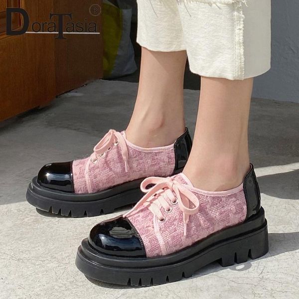 

doratasia female fashion brand round toe patchwork spring pumps casual pumps women lace up chunky heel platform shoes woman, Black