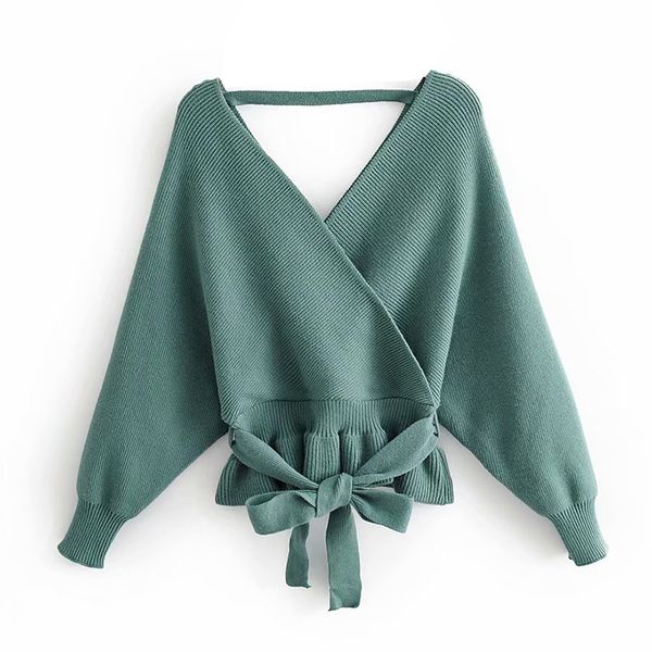 

women v neck backless elegant sweater solid long sleeve casual jumper female chic bow tie sashes pullover sweaters, White;black