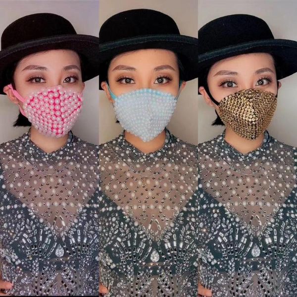 

halloween performance mouth mask rhinestone face mask party show costume evening club dance wear singer costume crystal, Black;red