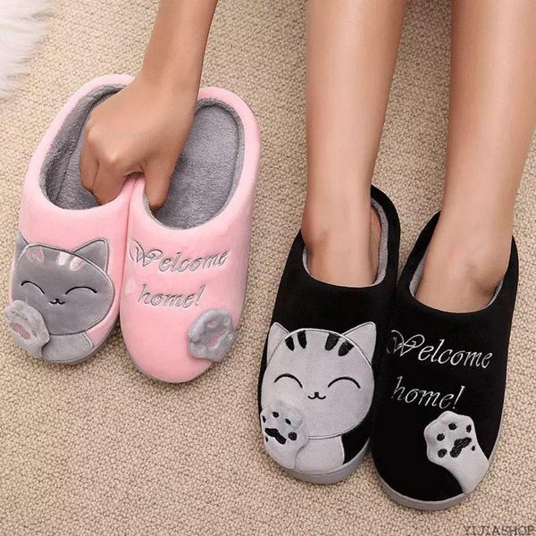 

new ladies winter home slippers cartoon cat shoes non-slip soft winter warm house slippers indoor bedroom couple floor, Black