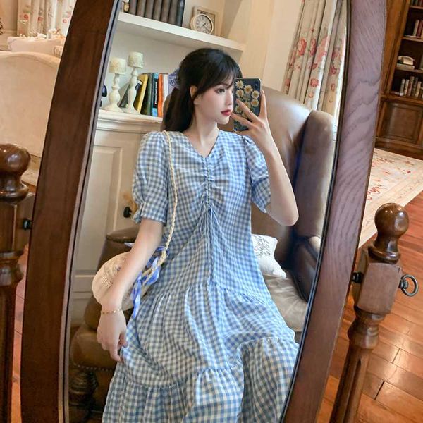 

8066# maternity clothes summer cotton plaid v neck short sleeve loose stylish dress for pregnant women mom dress, White