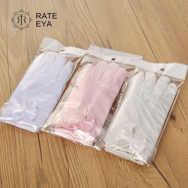 

new short children's evening gown etiquette evening dress butterfly gloves girls flower children satin bow gloves, White