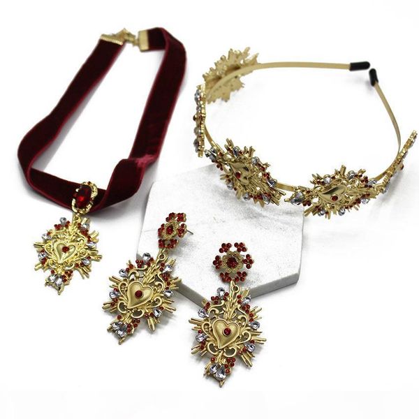 

e new beautiful baroque red rope necklace headband earrings set ornament fashion golden headband earrings bridal accessories, Slivery;golden