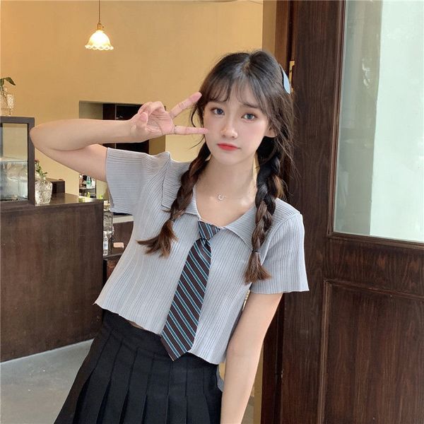 

color sleeve short 20200724 solid learn collar women's t-shirt polo tie sweater navel fmbbn