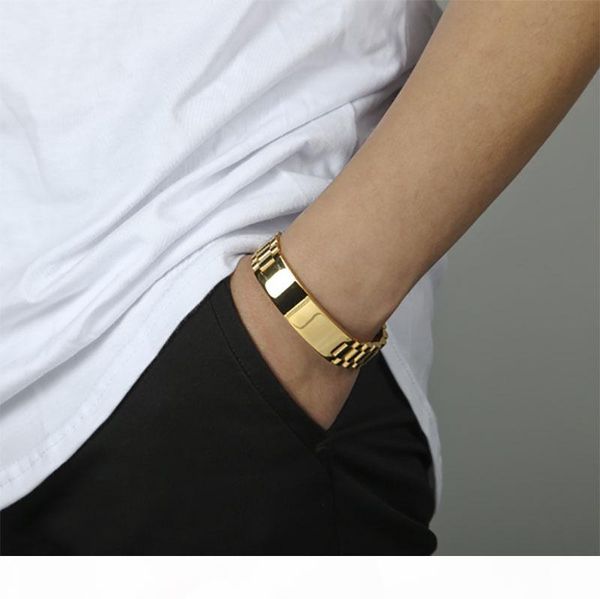 

o cool mens 15mm 21cm watch band bracelet gold plated 316l stainless steel strap solid links cuff bangles jewelry gift, Bronze;slivery