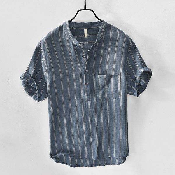 

2020 new summer linen striped shirt casual fashion pullover men's short sleeve stand collar shirt men's clothing, White;black