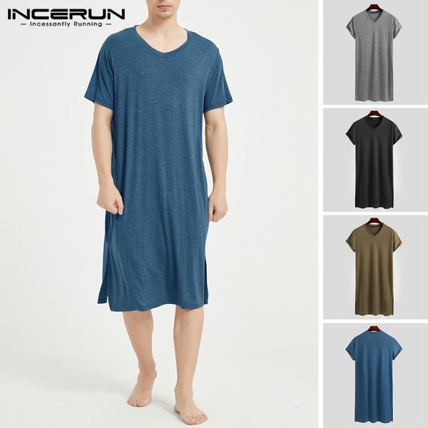 

men's sleepwear incerun leisure sleep robe men summer short sleeve v neck casual cotton solid color nightwear knee length homewear 3xl, Black;brown