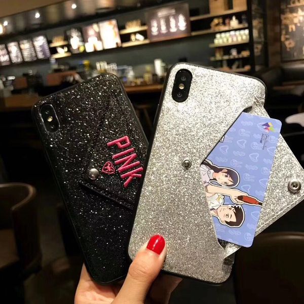 

new embroidery pink card package soft leather cover cases for iphone 11 pro 6 s 6s plus 7 7plus 8 8plus x coin purse glitter phone case