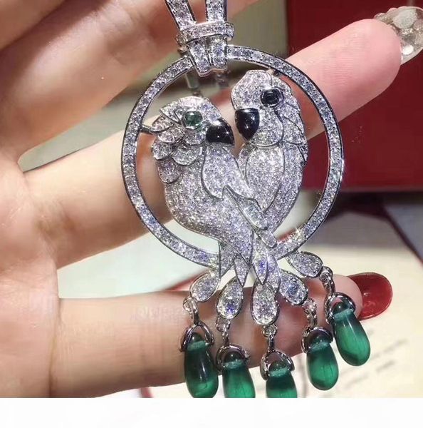 

высокого качество cz алмазы зеленый природного камень подвеска птица ожерелье 18k белого золота покрыли партию ювелирных изделий для женщин, Silver