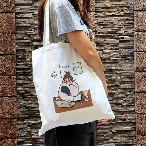 

study girl power print women shopping bag foldable canvas tote bag large shoulder shopper teacher book eco travel bags