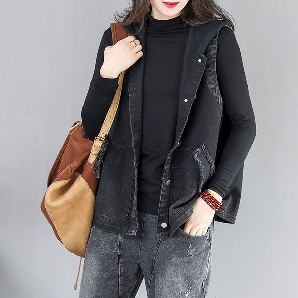 

2020 autumn new hooded letter women's tooling sleeveless denim short coat vestvest women's vest short coat, Black;white
