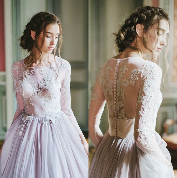 

2020 elegant wedding dresses jewel neck long sleeve sweep train robes de mariÃ©e lace applique wedding dress bridal gowns, White