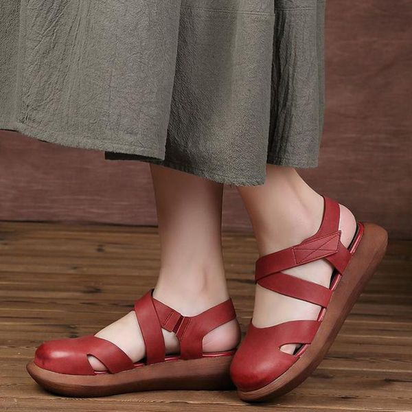 

johnature platform women sandals genuine leather hook & loop women shoes 2020 new retro casual wedges handmade ladies sandals, Black