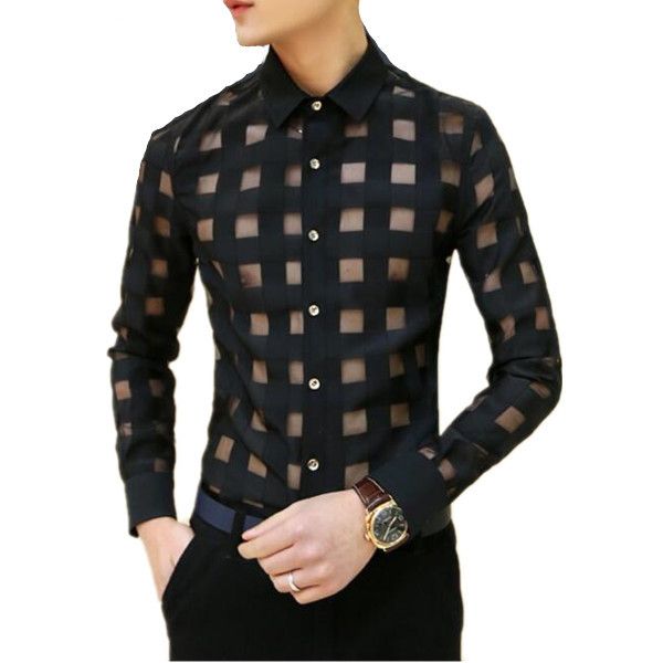 

2020 spring men shirt korean mens seerough lace dress shirts men's fashion cool men club wear long-sleeve plaid shirts, White;black