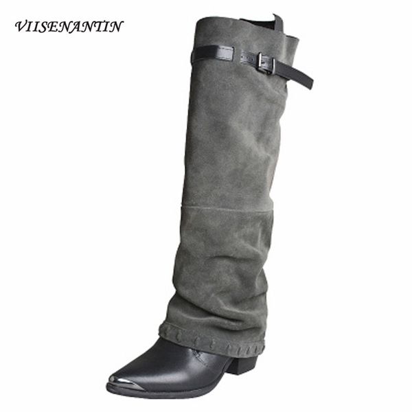 

женский knight boots гольфы носок стиль ремни декор тонкий boots острым носом коренастый пятки зима теплая загрузочный, Black