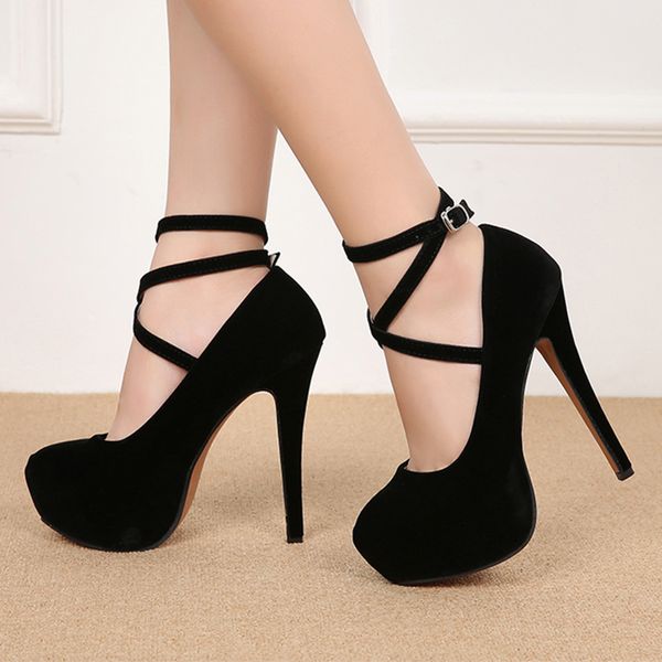 

dress shoes 14cm high heels luxury pump flock fashion women strap brand platform large size 35-46 nightclub ladies, Black