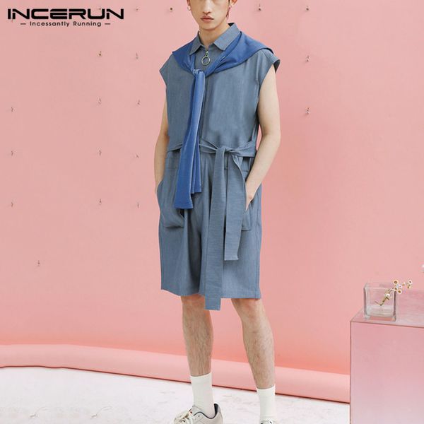 

incerun мужчины мода комбинезоны отдых solid color сыпучих rompers люди без рукавов отворота комбинезоны игровой одежды zipper карманы bib p, White;black