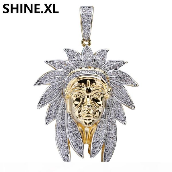 

bling vintage indian chiefs head pendant necklace iced out cubic zircon men hip hop jewelry gift, Silver