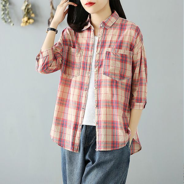 

qi yi drawing casual loose shirt slimming thin casual plaid shirt women's cropped sleeve 2020 xia jixin, White