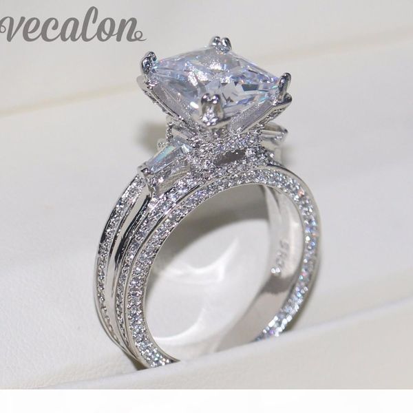 

vecalon women big jewelry ring princess cut 10ct 5a zircon stone 300pcs cz 925 sterling silver engagement wedding ring gift, Slivery;golden