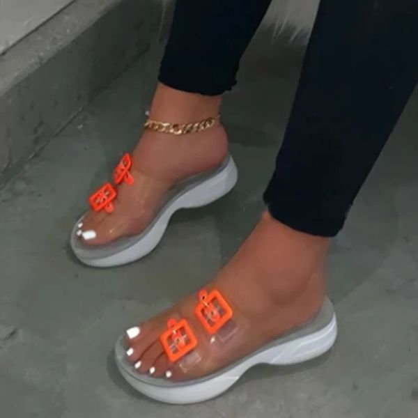 

2020 summer women transparent slippers platform flat jelly sandals clear buckle ladies shoes open toe beach slides flip flops, Black