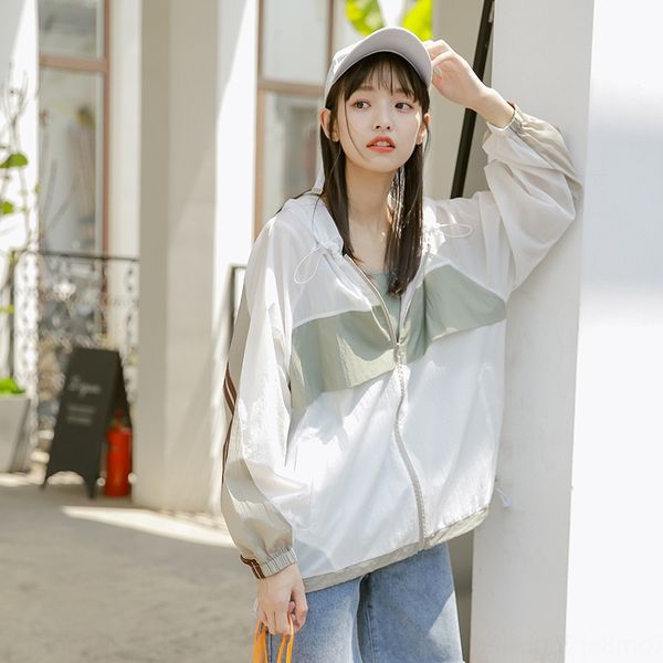 

rwyci 2020 summer new korean style ins fashionable sunscreen casual loose all-match coat shirt hoodie shirt contrast color drawstring hooded, Tan;black