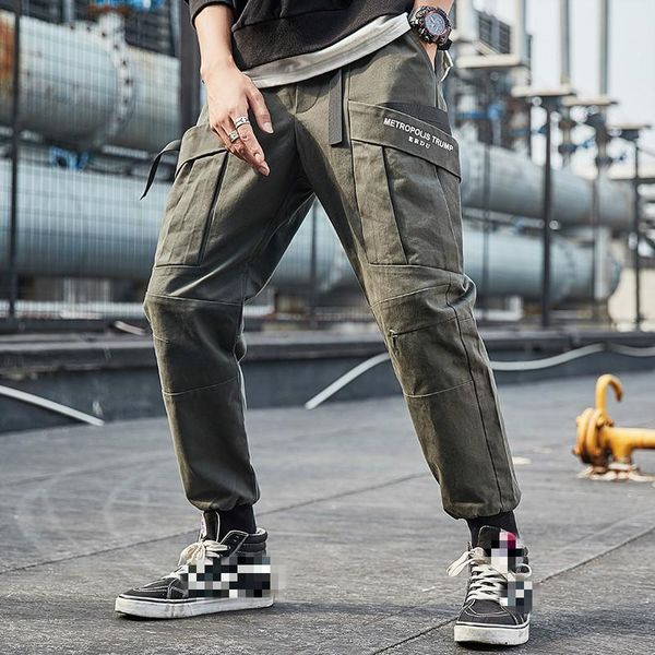 

januarysnow brand designer autumn streetwear harem pants men casual sweatpants pockets full length cotton trousers men, Black