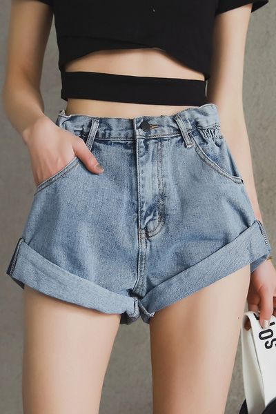 

manufacturer's high waisted denim shorts women's elastic waist waist flanging wide leg pants pants loose 2020 new korean version, White;black