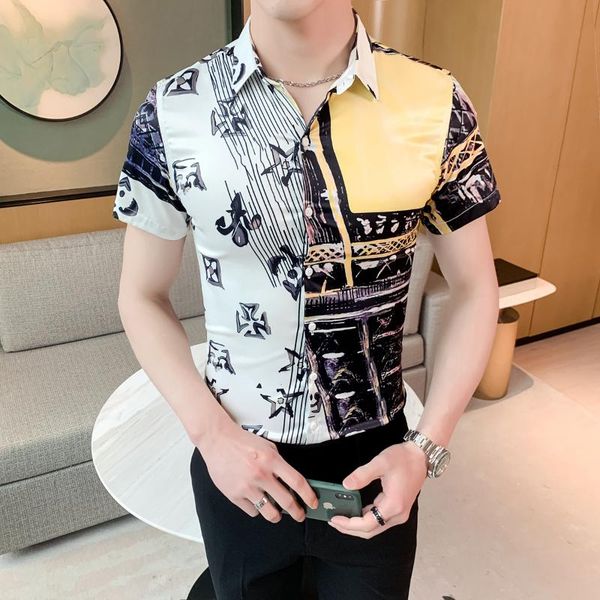 

повседневные рубашки платья streetwear ночной клуб одежда камиза социальная masculina 2020 печать с коротким рукавом тонкий fit shirt men, White;black