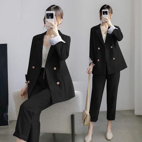 

temperament casual women's suit large size autumn and winter new double-breasted office black suit female casual pants 2020, White