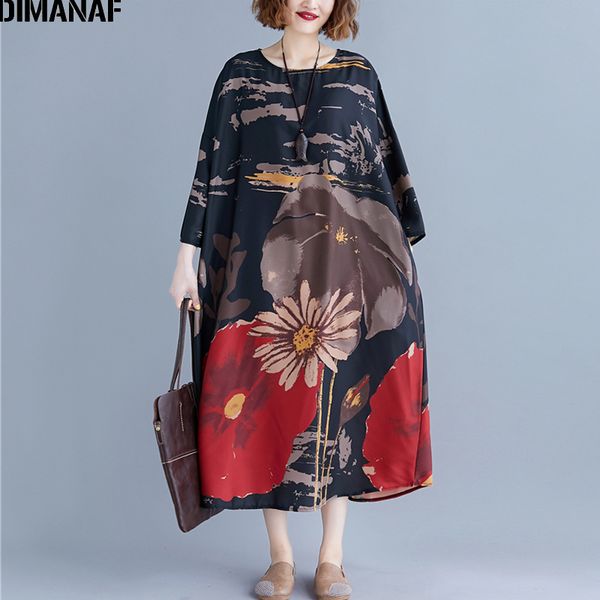 

dimanaf plus size women dress print autumn vintage vestidos chinese style elegant female lady long sleeve oversize loose dress, Black;gray