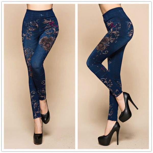 

women leggings autumn floral jeans leggings slim mock pocket woman print jeggings ladies denim skinny trousers, Black
